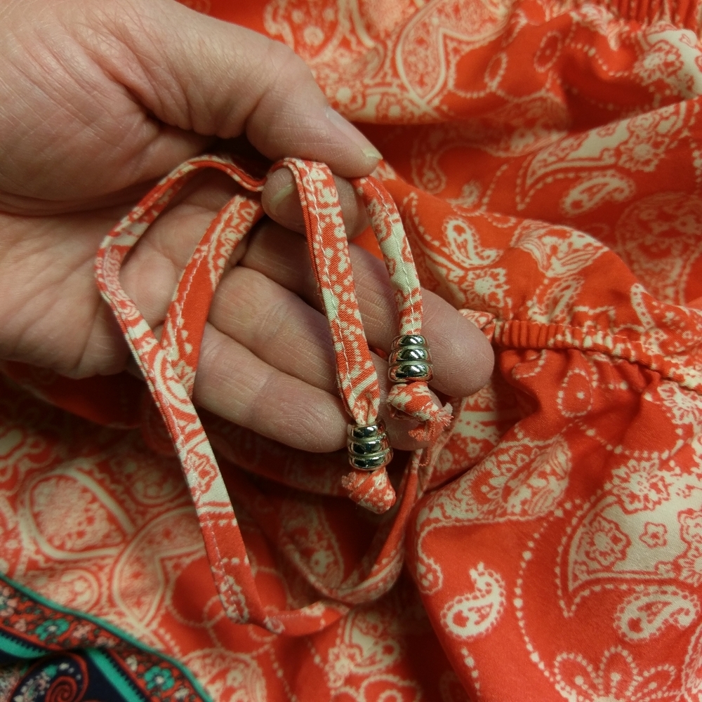 BeBop Strapless Orange Paisley Short Romper, Large - Picture 2 of 7
